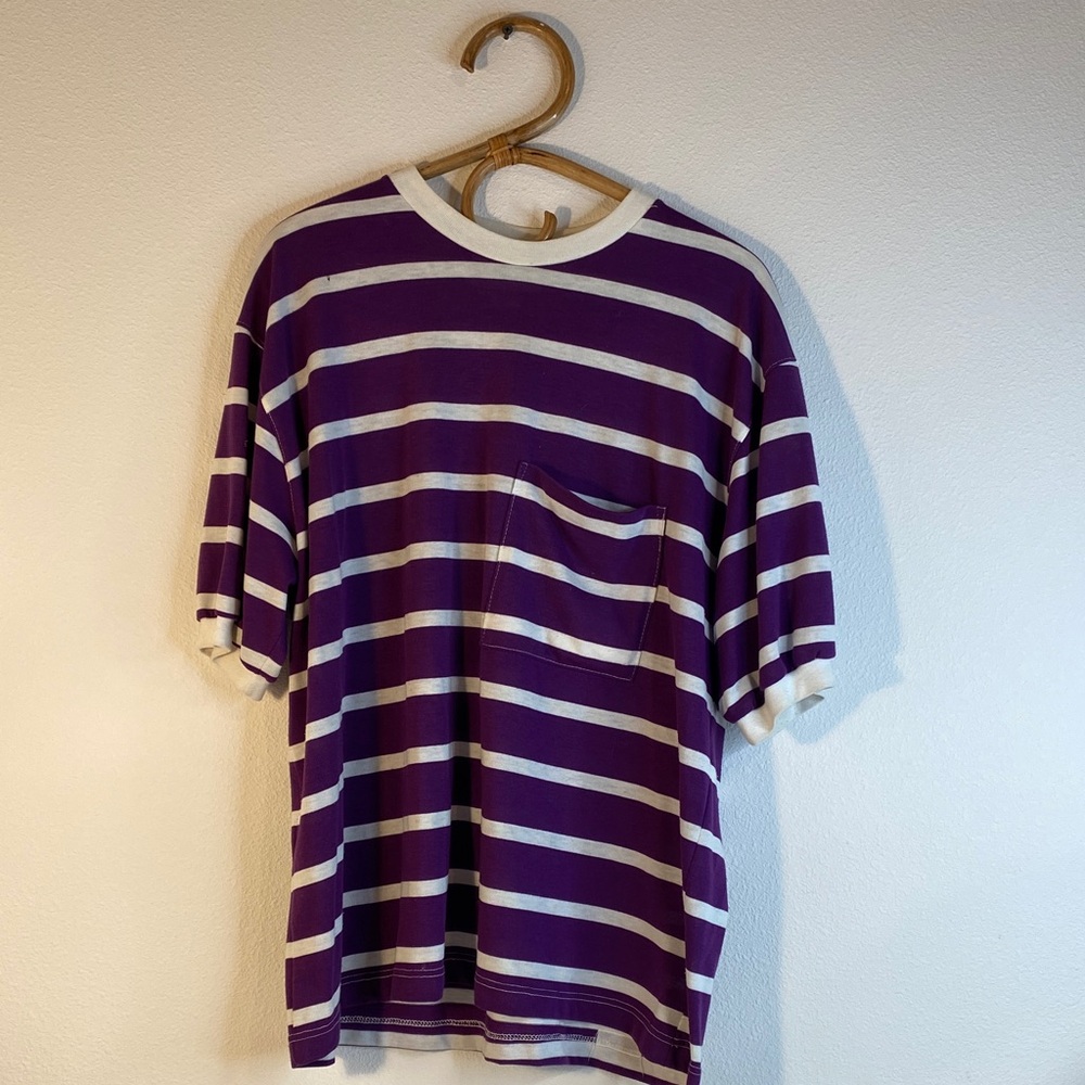 60s 70s Parallel Lines Pocket Tee Purple and White Striped Men's Shirt